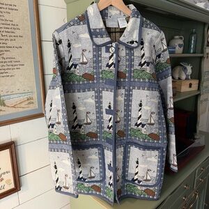 Blair Nautical Tapestry Jacket Size XL Lighthouse & Sailboat Print Costal